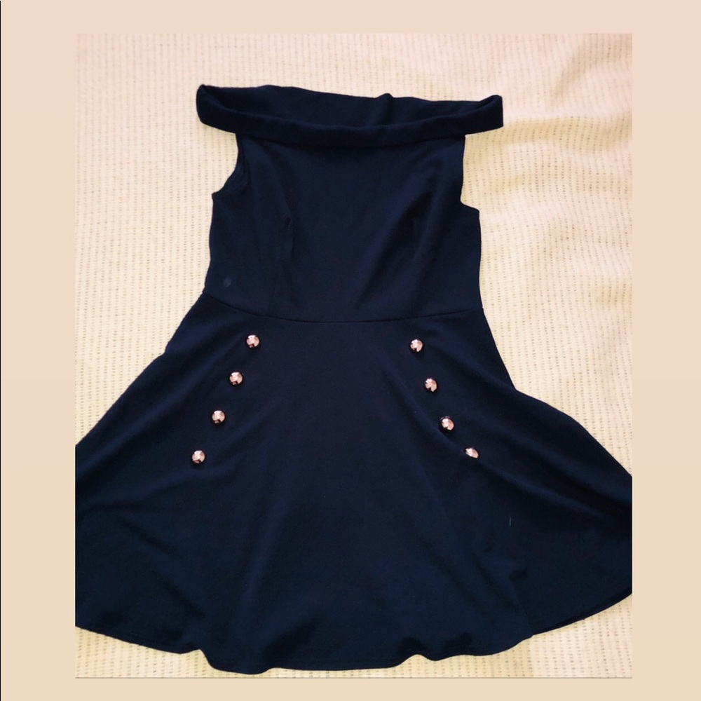 Off the shoulder navy blue gold button on the side